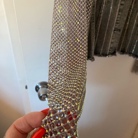 Origami Black Rhinestone Mesh Sleeve Denim Jacket - Picture 6 of 6